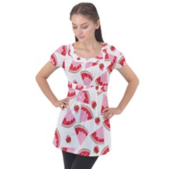 Pink Watermeloon Puff Sleeve Tunic Top by Sapixe