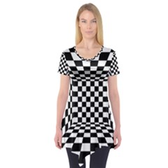 Black And White Chess Checkered Spatial 3d Short Sleeve Tunic  by Sapixe