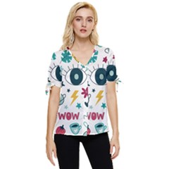 Wallpaper-love-eye Bow Sleeve Button Up Top by nateshop