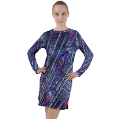 Peacock-feathers-blue Long Sleeve Hoodie Dress by nateshop