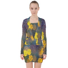 Bokeh Raindrops Window  V-neck Bodycon Long Sleeve Dress by artworkshop