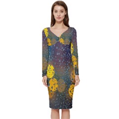 Bokeh Raindrops Window  Long Sleeve V-neck Bodycon Dress  by artworkshop