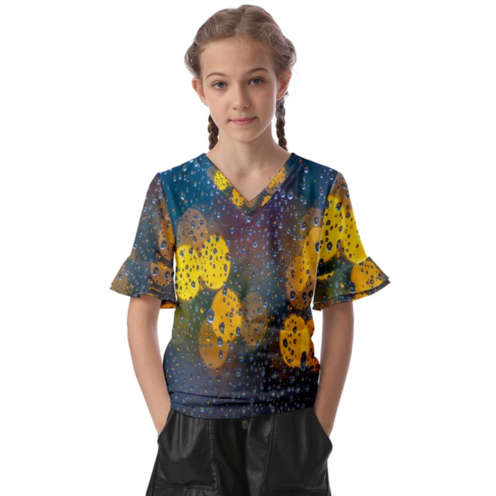 Bokeh Raindrops Window  Kids  V-Neck Horn Sleeve Blouse