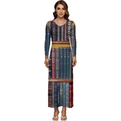 Books Library Bookshelf Bookshop Long Sleeve Velour Longline Maxi Dress