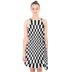 Illusion Checkerboard Black And White Pattern Halter Collar Waist Tie Chiffon Dress