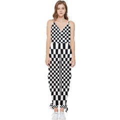 Illusion Checkerboard Black And White Pattern Sleeveless Tie Ankle Chiffon Jumpsuit