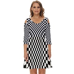 Illusion Checkerboard Black And White Pattern Shoulder Cut Out Zip Up Dress