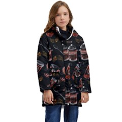 Coffee Watercolor Background Kid s Hooded Longline Puffer Jacket by Amaryn4rt