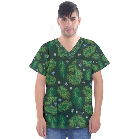 Leaves Snowflake Pattern Holiday Men s V-neck Scrub Top by Amaryn4rt