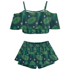 Leaves Snowflake Pattern Holiday Kids  Off Shoulder Skirt Bikini by Amaryn4rt