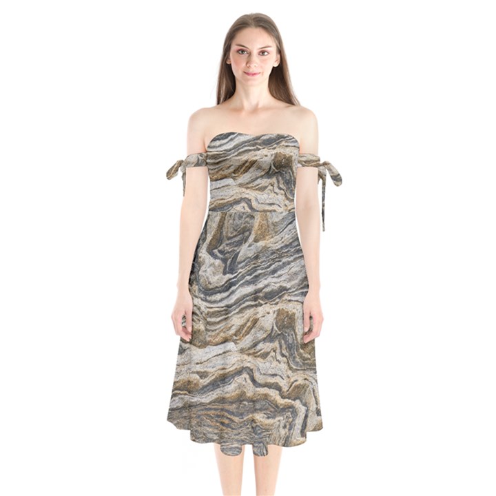 Texture Marble Abstract Pattern Shoulder Tie Bardot Midi Dress