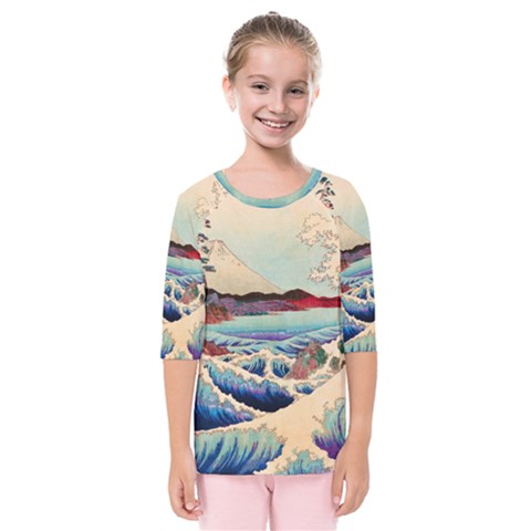 Wave Japanese Mount Fuji Kids  Quarter Sleeve Raglan Tee by Wegoenart