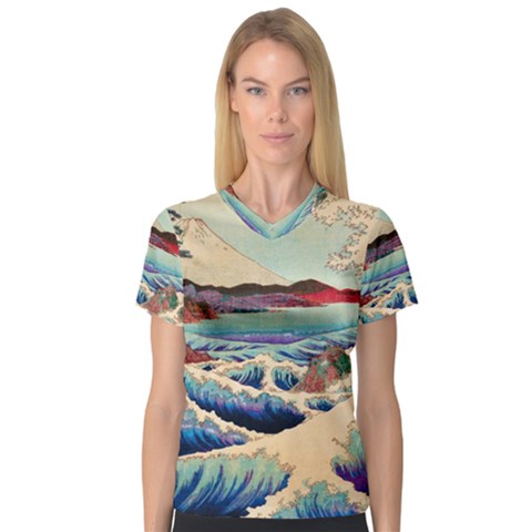 Wave Japanese Mount Fuji V-neck Sport Mesh Tee by Wegoenart