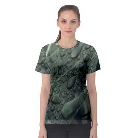 Leaves Water Drops Green  Women s Sport Mesh Tee by artworkshop