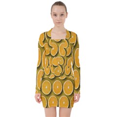 Orange Slices Cross Sections Pattern V-neck Bodycon Long Sleeve Dress