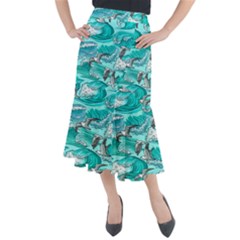 Sea Waves Seamless Pattern Midi Mermaid Skirt by Wegoenart