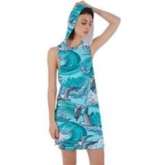 Sea Waves Seamless Pattern Racer Back Hoodie Dress by Wegoenart