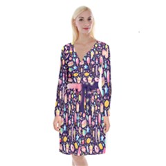 Cute-seamless-pattern-with-colorful-sweets-cakes-lollipops Long Sleeve Velvet Front Wrap Dress by Wegoenart