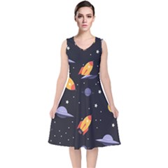 Cosmos Rocket Spaceships Ufo V-neck Midi Sleeveless Dress  by Wegoenart
