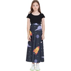 Cosmos Rocket Spaceships Ufo Kids  Flared Maxi Skirt by Wegoenart