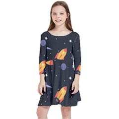 Cosmos Rocket Spaceships Ufo Kids  Quarter Sleeve Skater Dress by Wegoenart