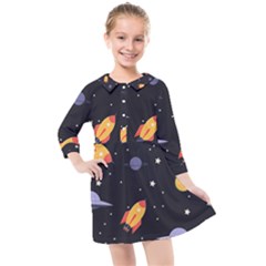 Cosmos Rocket Spaceships Ufo Kids  Quarter Sleeve Shirt Dress by Wegoenart