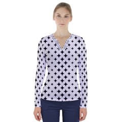 Pattern-whit Star Black V-neck Long Sleeve Top by nateshop