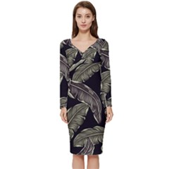 Jungle Sheets Tropical Pattern Long Sleeve V-neck Bodycon Dress  by Amaryn4rt