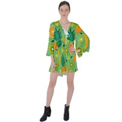 Fruit Tropical Pattern Design Art V-neck Flare Sleeve Mini Dress by danenraven