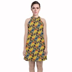 Illustration Geometric Pattern Colorful Pattern Velvet Halter Neckline Dress  by danenraven