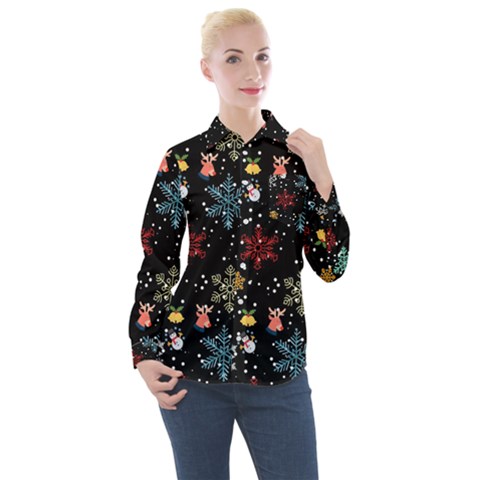 Illustration Xmas Christmas Thanks Giving Pattern Women s Long Sleeve Pocket Shirt by danenraven