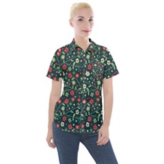 Flowering Branches Seamless Pattern Women s Short Sleeve Pocket Shirt