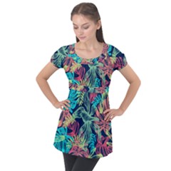 Sheets Tropical Picture Plant Pattern Puff Sleeve Tunic Top by Ravend