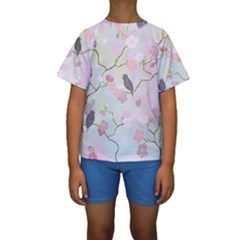 Bird Blossom Seamless Pattern Kids  Short Sleeve Swimwear