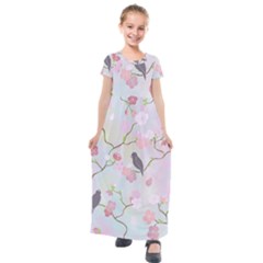 Bird Blossom Seamless Pattern Kids  Short Sleeve Maxi Dress