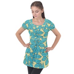 Illustration Sheets Dry Leaves Print Pattern Puff Sleeve Tunic Top by Ravend