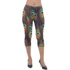 Peacock Feathers Lightweight Velour Capri Leggings 