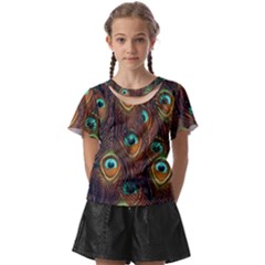 Peacock Feathers Kids  Front Cut Tee by Ravend