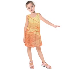 Orange Leaf Texture Pattern Kids  Sleeveless Dress