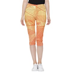 Orange Leaf Texture Pattern Inside Out Lightweight Velour Capri Leggings  by Ravend