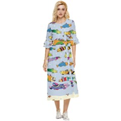 Fish Ocean Sea Water Diving Blue Nature Double Cuff Midi Dress by Ravend