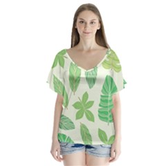 Watercolor Banana Leaves  V-neck Flutter Sleeve Top by ConteMonfrey