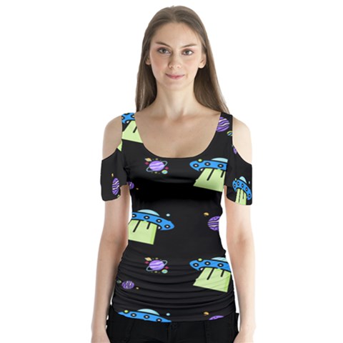 Illustration Cosmos Cosmo Rocket Spaceship -ufo Butterfly Sleeve Cutout Tee  by danenraven