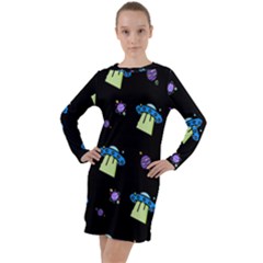 Illustration Cosmos Cosmo Rocket Spaceship -ufo Long Sleeve Hoodie Dress by danenraven