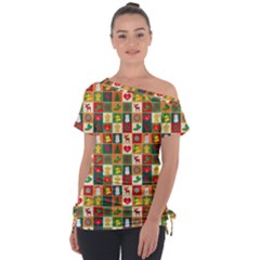 Xmas Christmas Pattern Off Shoulder Tie-up Tee