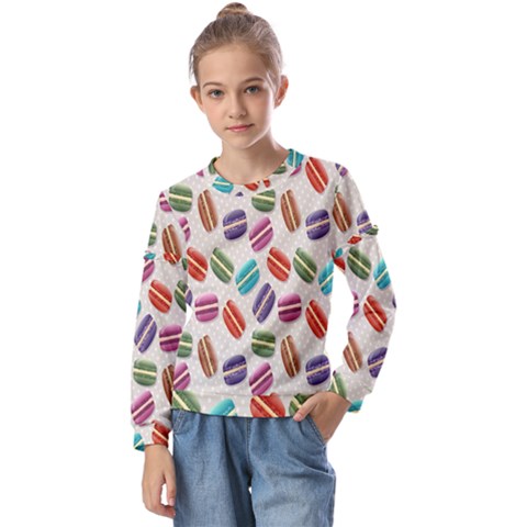 Macaron Macaroon Stylized Macaron Design Repetition Kids  Long Sleeve Tee With Frill  by artworkshop