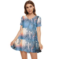 Frost Winter Morning Snow Tiered Short Sleeve Babydoll Dress by artworkshop