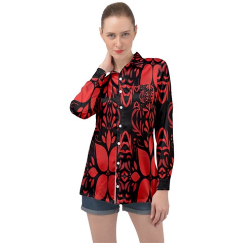 Christmas Red Black Xmas Gift Long Sleeve Satin Shirt by artworkshop