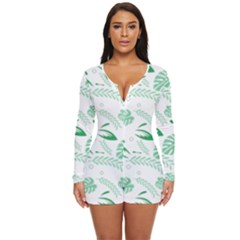 Green Nature Leaves Draw   Long Sleeve Boyleg Swimsuit by ConteMonfrey