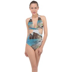 Beach Day At Cinque Terre, Colorful Italy Vintage Halter Front Plunge Swimsuit by ConteMonfrey